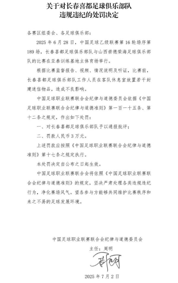 精选期货配资 在客队休息室放置封建迷信物品，长春一足球队被罚